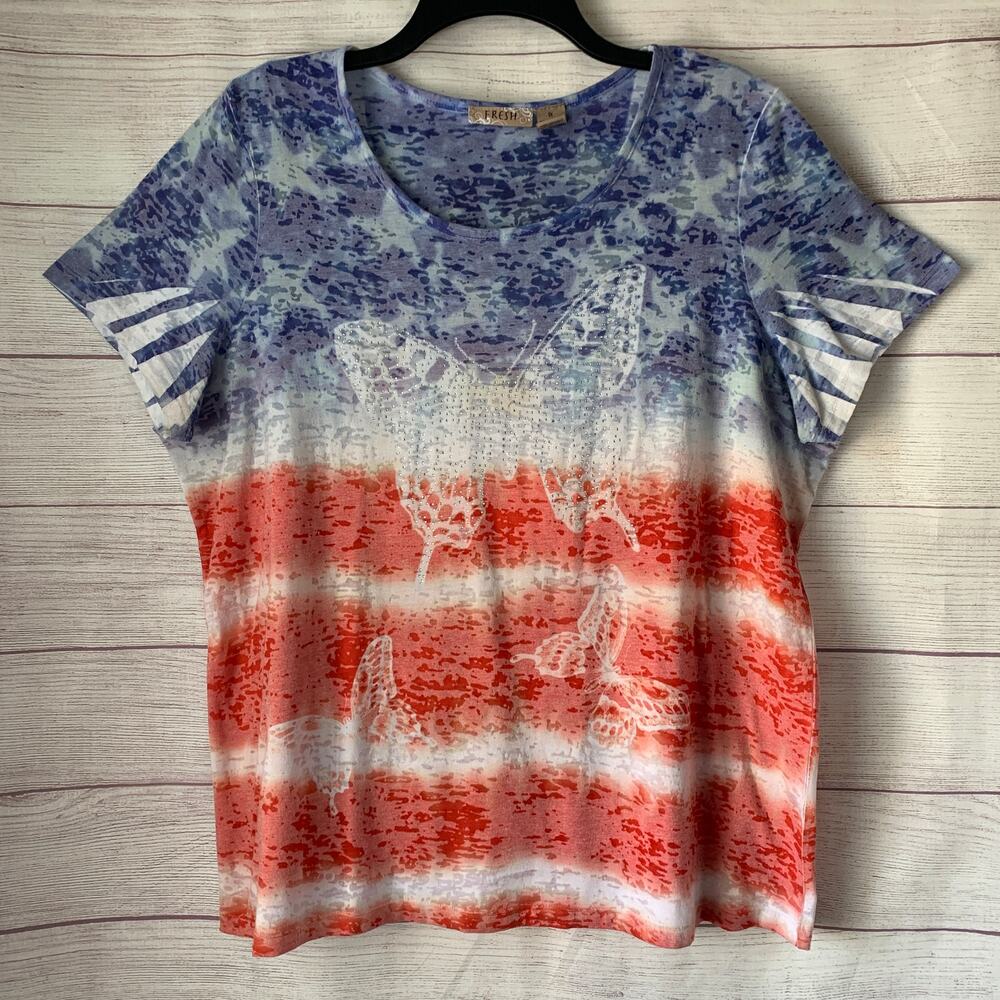 FRESH Red White Blue Butterfly Top Jeweled Stars and Stripes Size 1X